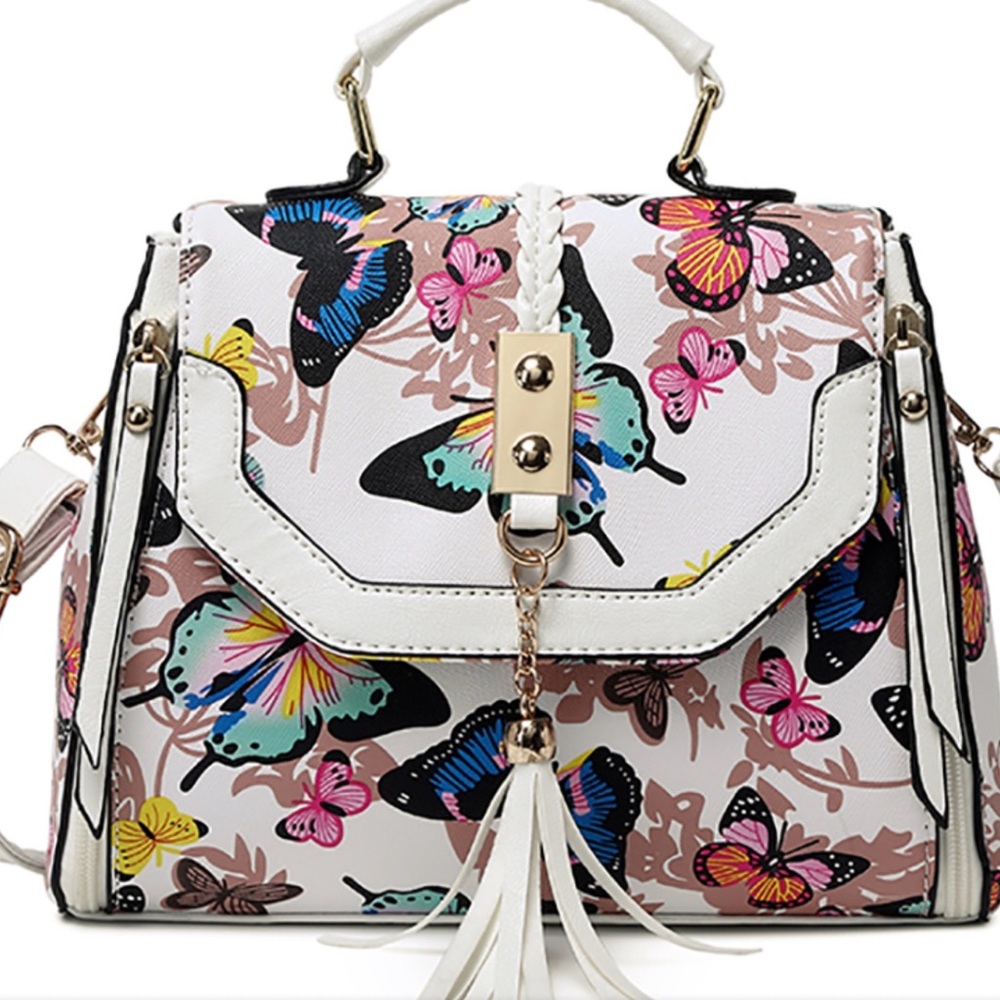 Butterfly Print Handbag - White and Multicolor 🦋